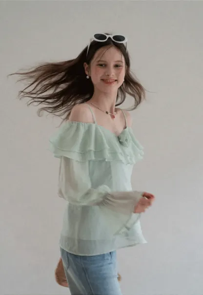 Off Shoulder Blouse with Ruffled Layers and Floral Embellishment
