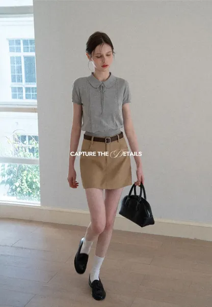 Short Sleeve Knit Top with Collar and Drawstring