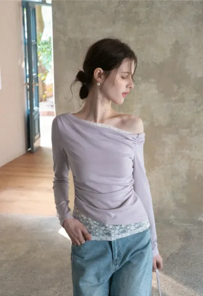 Off shoulder long sleeve top with lace trim