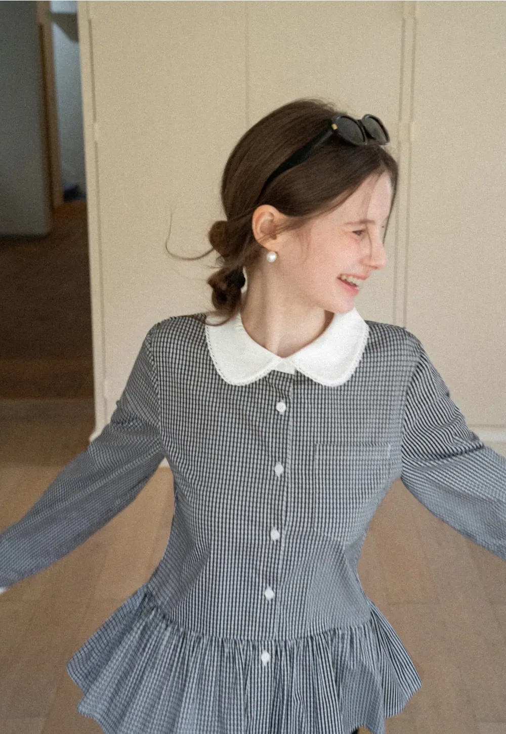 Peplum Gingham Collar Shirt with Flared Hem