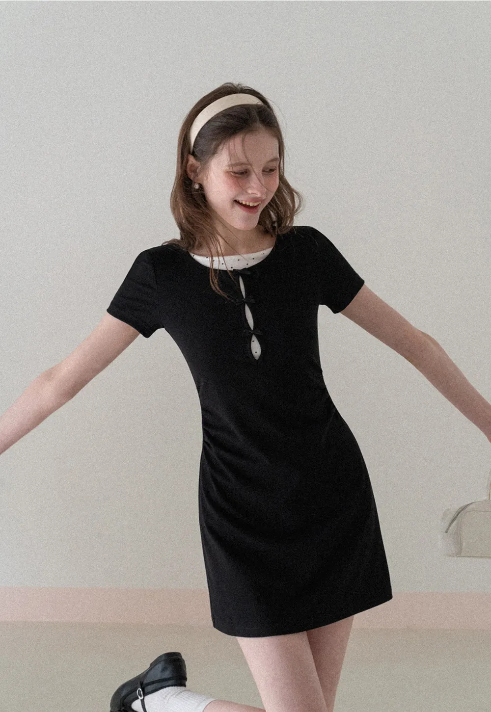 Short Sleeve Dress with Polka Dot Collar and Front Knot Detail