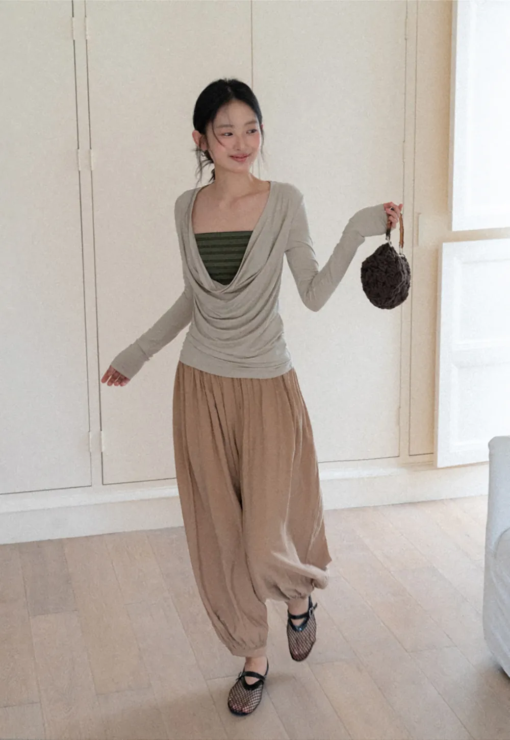 Long sleeve draped neckline top with square cutout