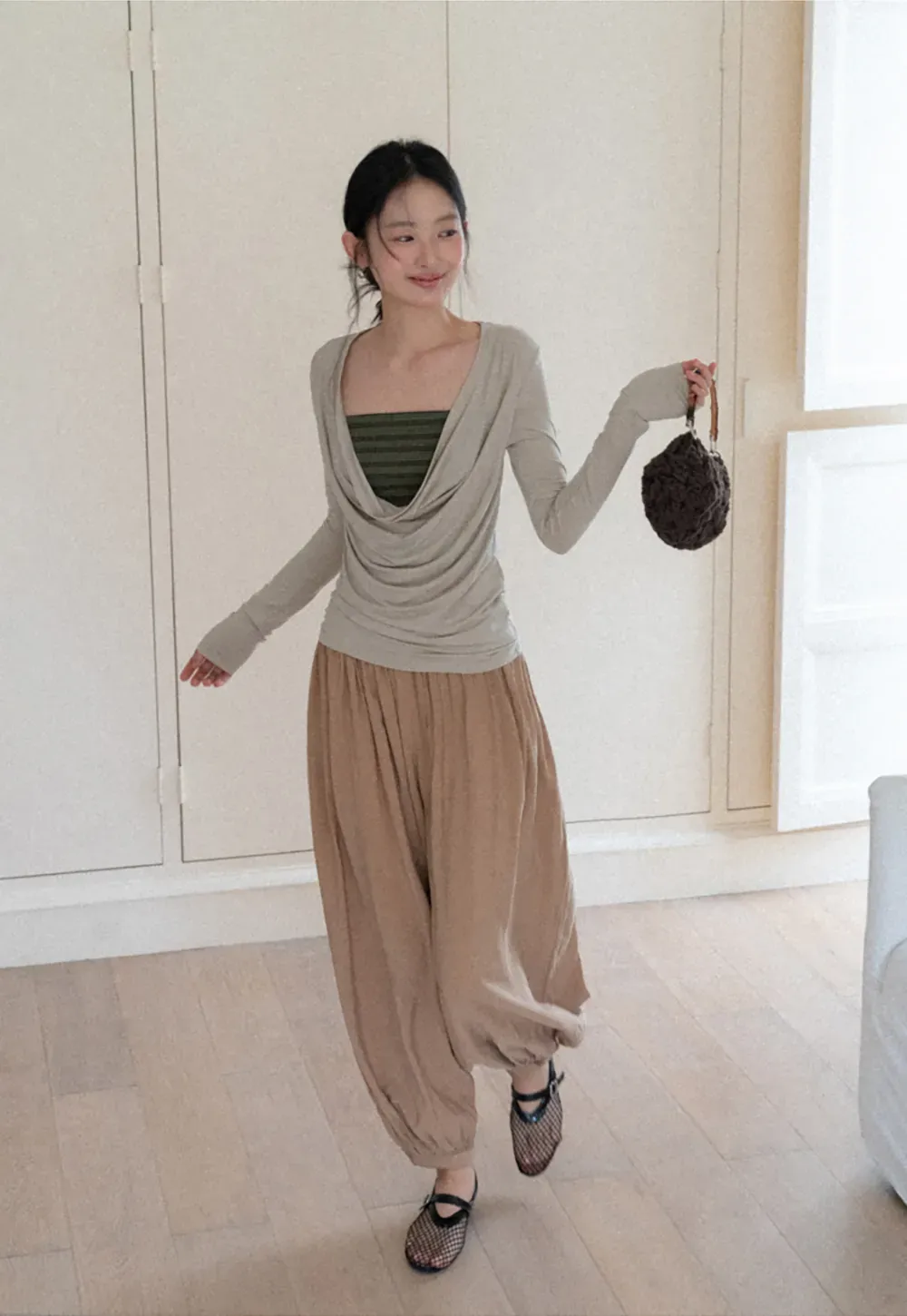 Long sleeve draped neckline top with square cutout