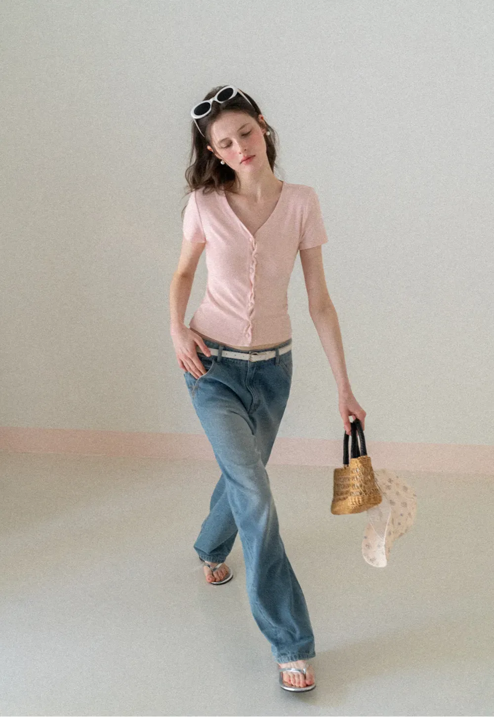 V neck short sleeve button front top