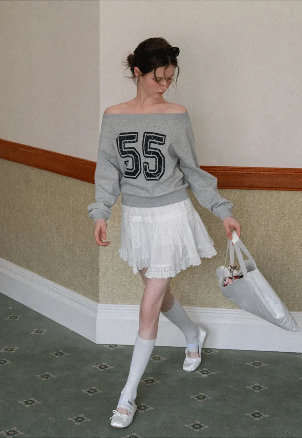 Off Shoulder Sweatshirt with Number Print
