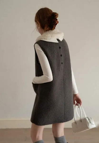 Wool Blend Sleeveless Dress with Faux Fur Collar