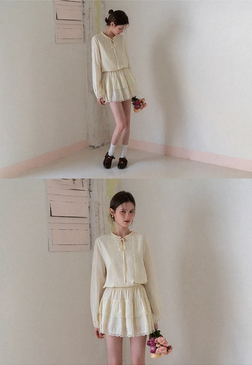 Shirt with ruffled collar and tie front layered skirt