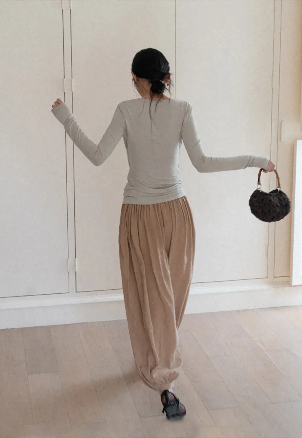 Long sleeve draped neckline top with square cutout