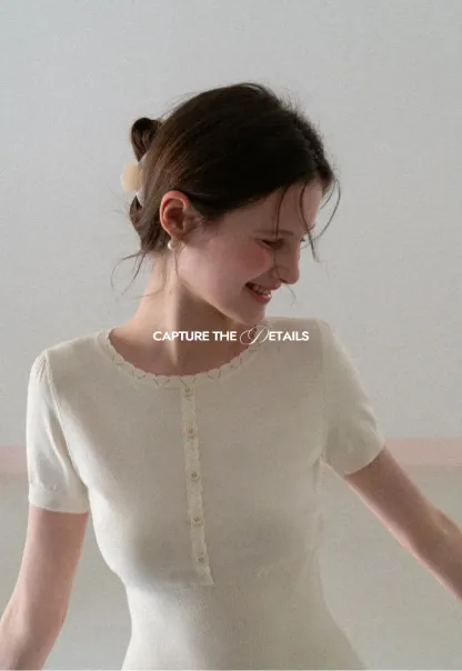 Short Sleeve Knit Top with Lace Trim and Button Placket