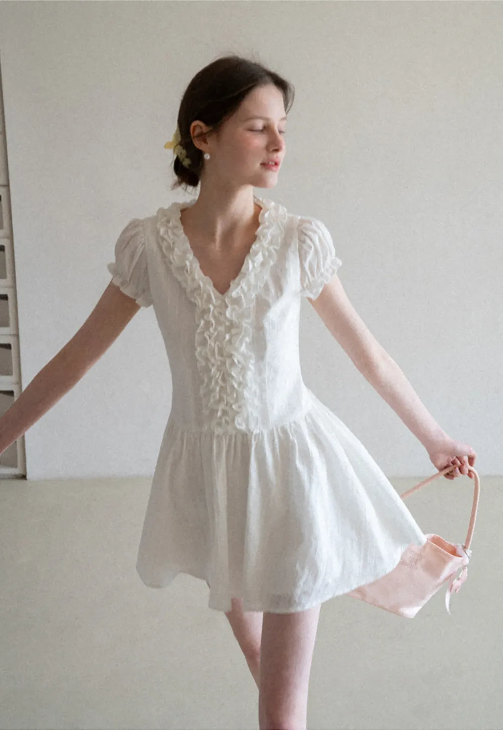 Ruffled V Neck Short Sleeve A Line Dress