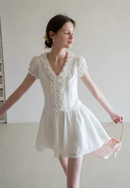 Ruffled V Neck Short Sleeve A Line Dress