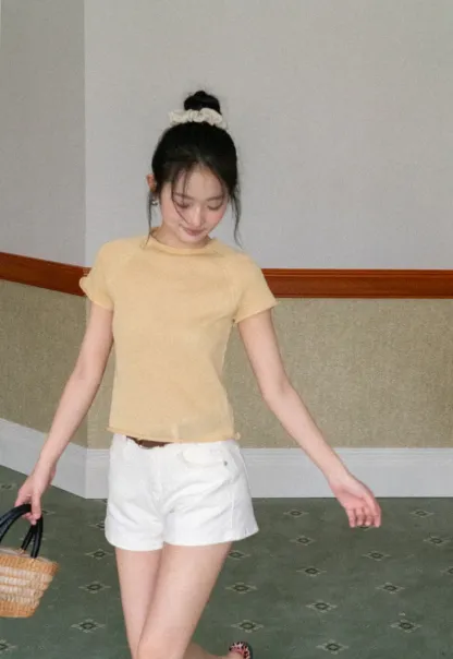 Short Sleeve Ribbed Knit Top with Raglan Sleeves