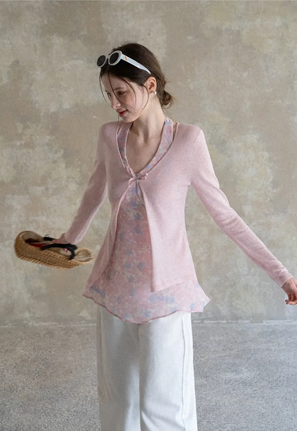 Woolen knit sweater with tie front and floral tank top