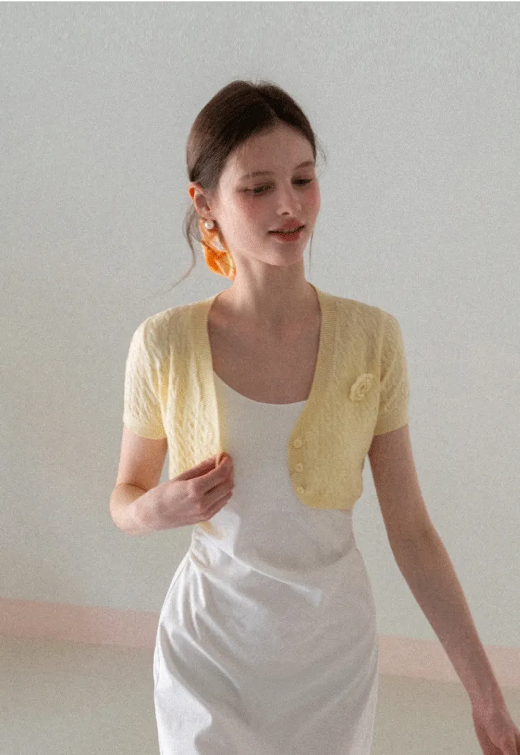 Short Sleeve Cable Knit Cardigan with Button Closure