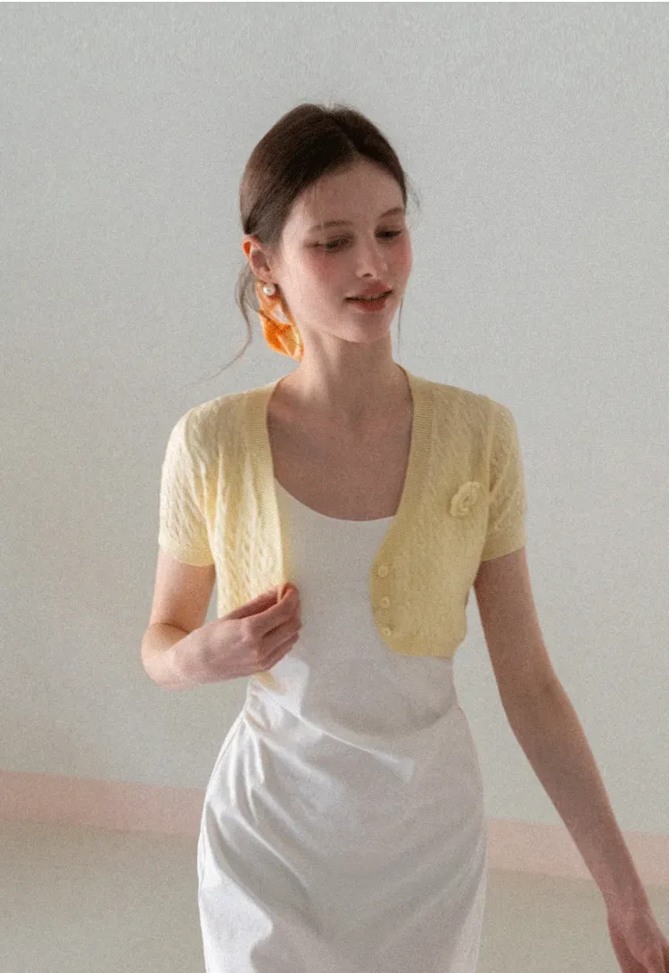 Short Sleeve Cable Knit Cardigan with Button Closure