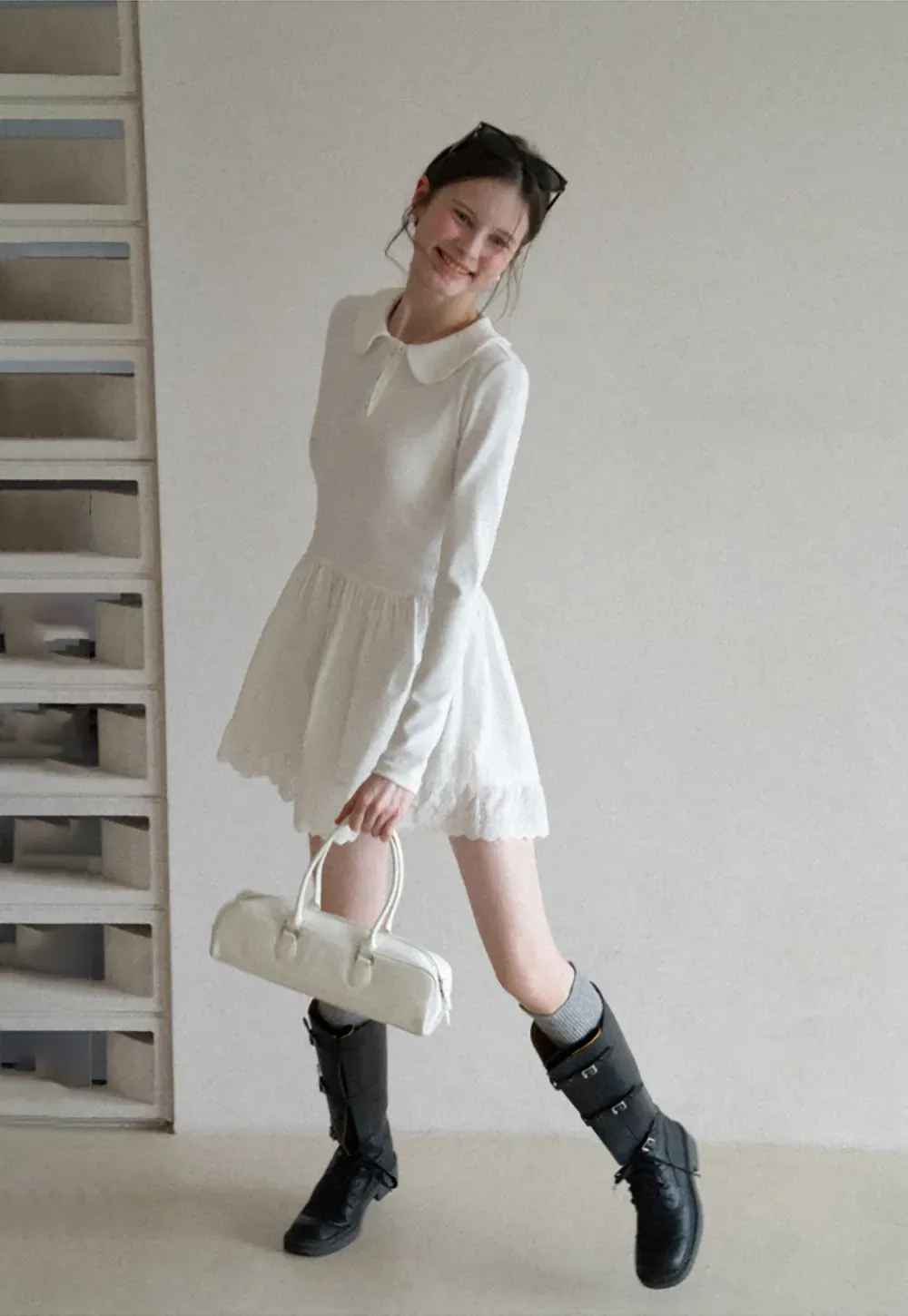 Elegant Long Sleeve Dress with Lace Trim and Flared Skirt