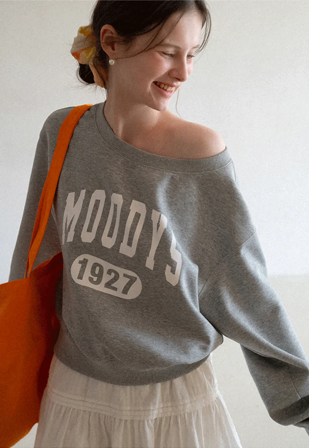 Gray Off Shoulder Sweatshirt with Bold Lettering and Year Print