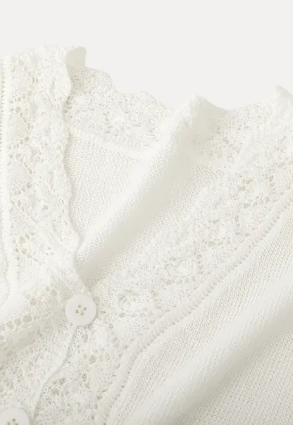 Lace Trimmed V Neck Knit Sweater with Drawstring Hem