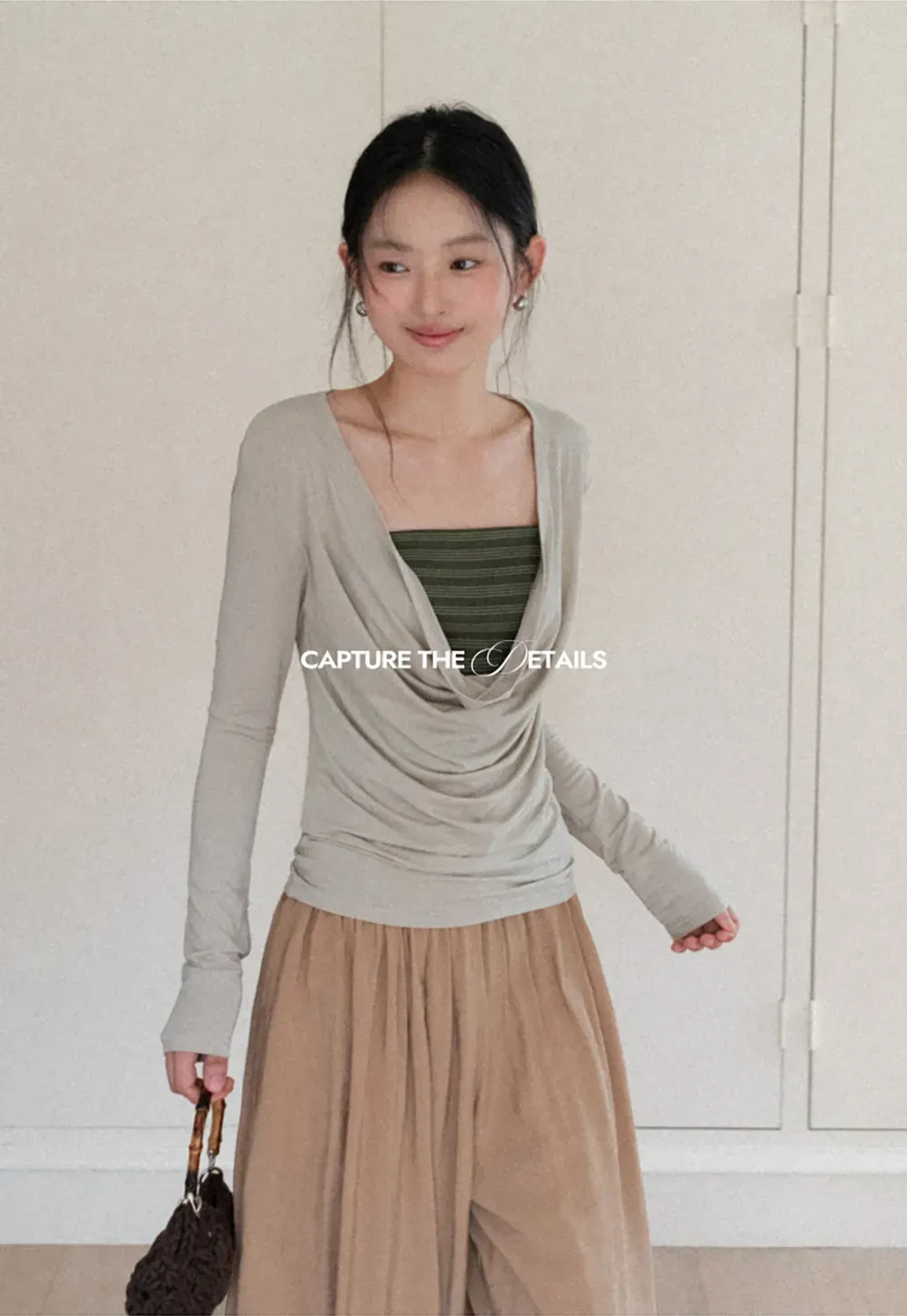 Long sleeve draped neckline top with square cutout