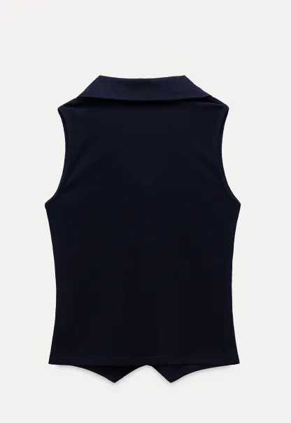 Women's Ribbed Sleeveless Polo Collar Knit Top