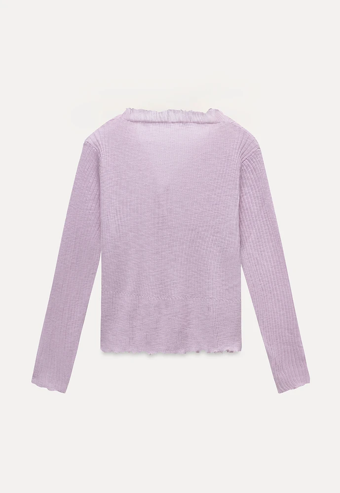 Women Ruffle Ribbed Knit Button Cardigan