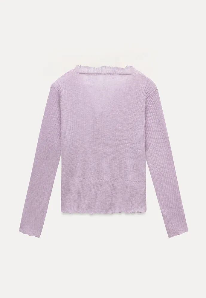 Women Ruffle Ribbed Knit Button Cardigan