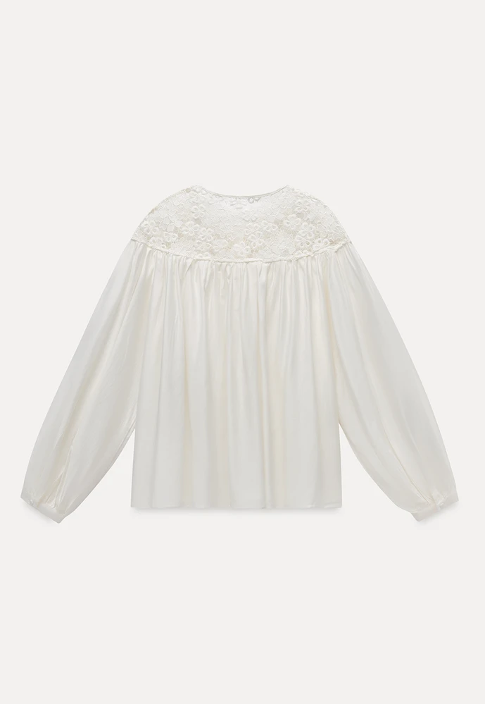 Women Lace Yoke Bishop Sleeve Button Down Blouse