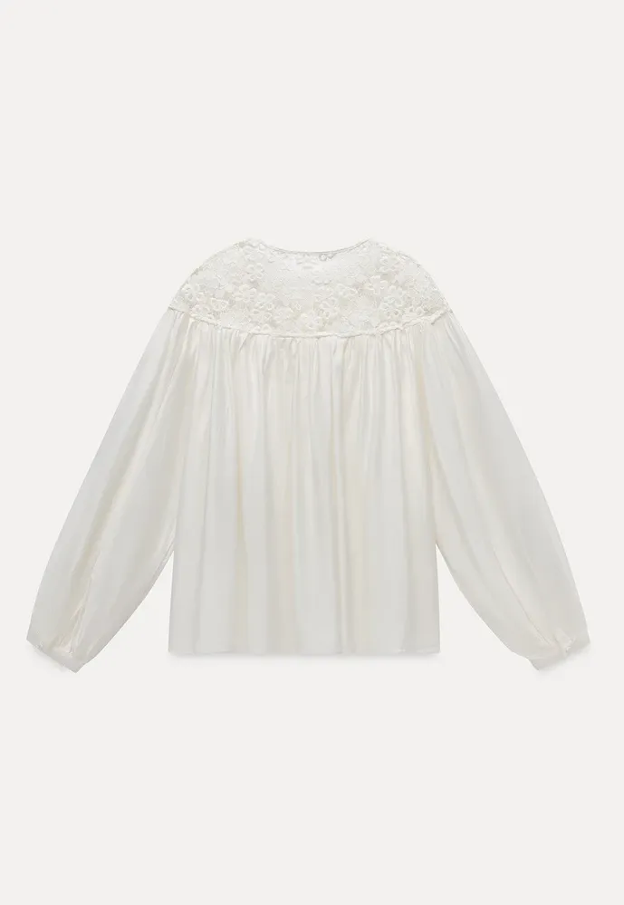 Women Lace Yoke Bishop Sleeve Button Down Blouse