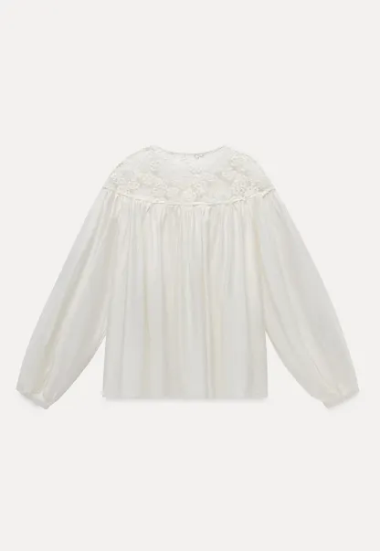 Women Lace Yoke Bishop Sleeve Button Down Blouse