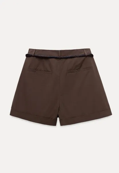 Women High Waist Belted Cuffed Chino Shorts with Pocke