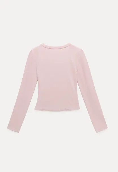 Women Long Sleeve Side Ruched Scoop Neck Crop Top