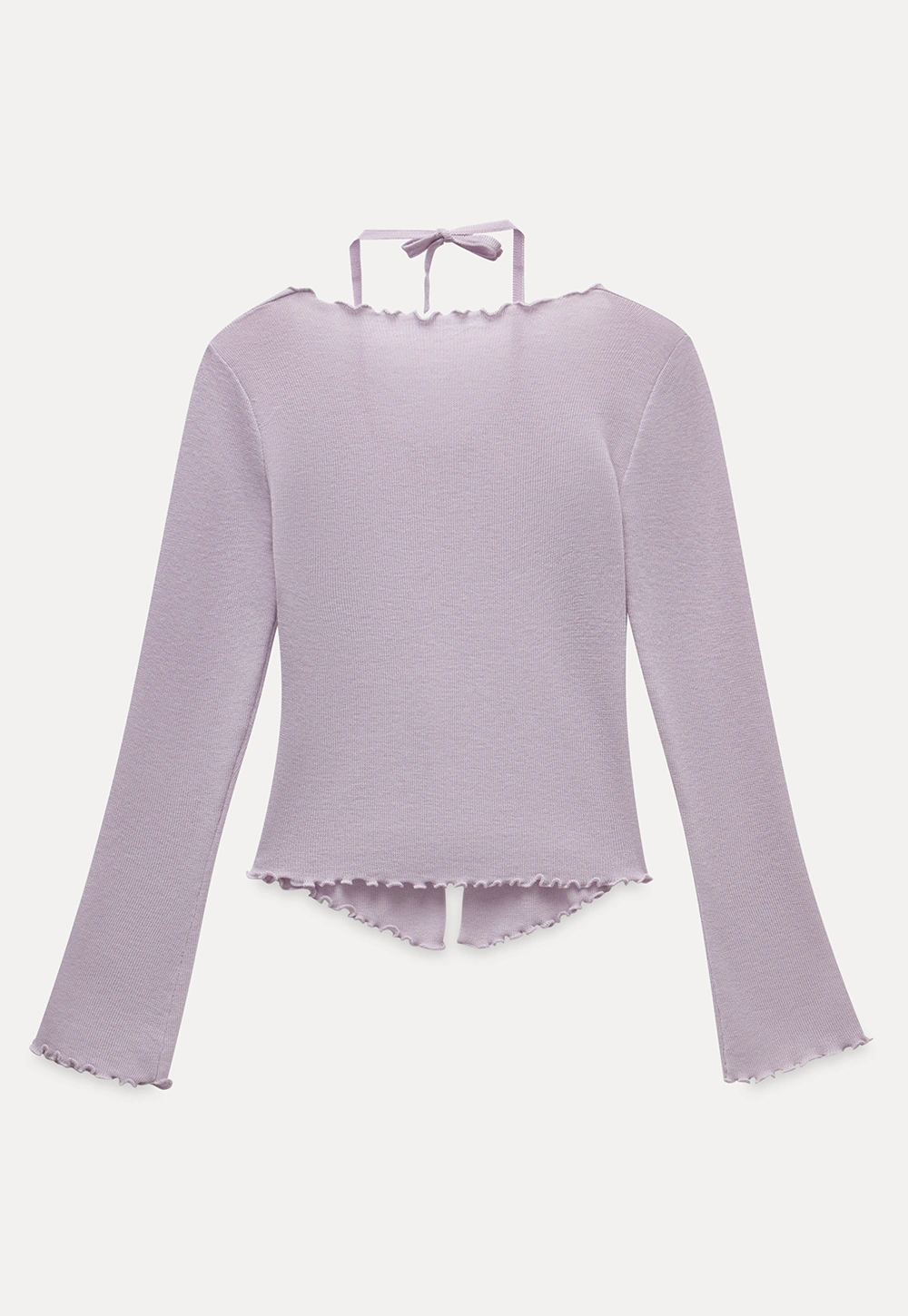 Women Long Sleeve Bow Front Split Hem Lettuce Trim Knit Top