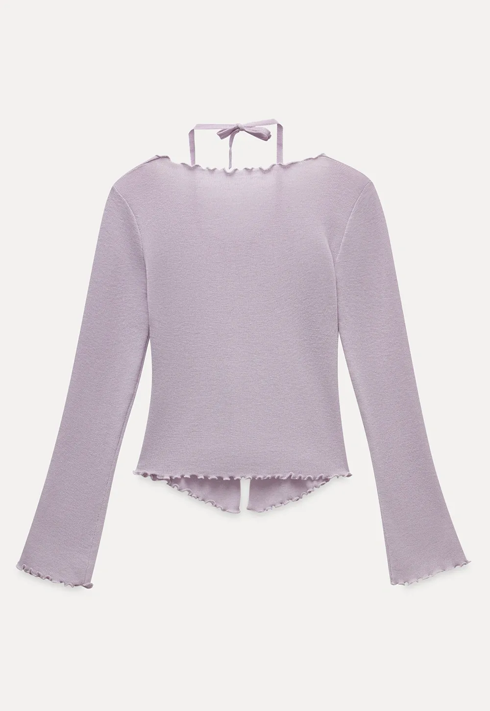 Women Long Sleeve Bow Front Split Hem Lettuce Trim Knit Top