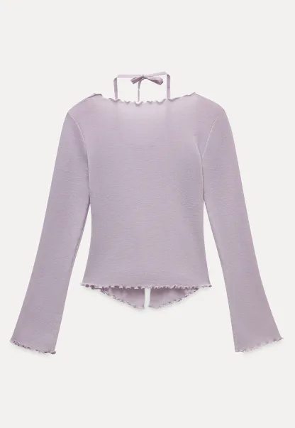 Women Long Sleeve Bow Front Split Hem Lettuce Trim Knit Top