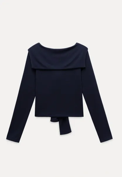 Off-shoulder Tie-detail Long Sleeve Knit Top