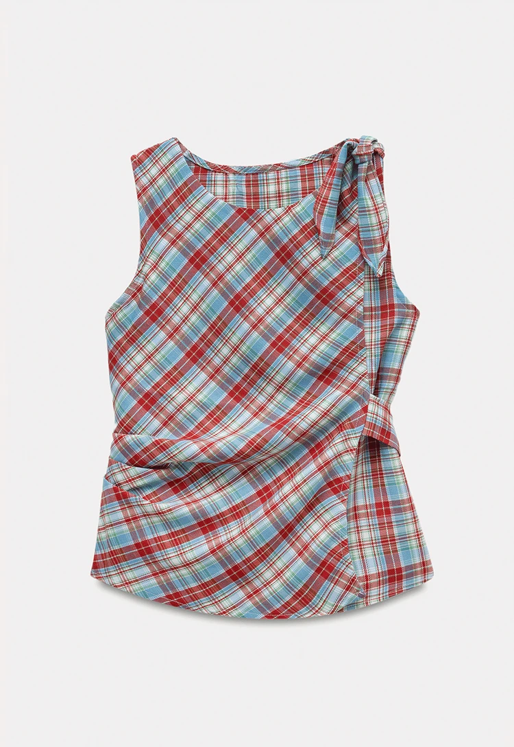 Plaid Sleeveless Top with Side Tie
