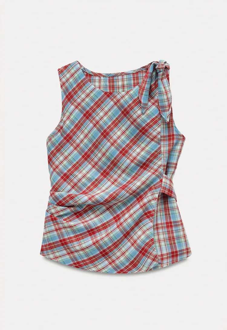 Plaid Sleeveless Top with Side Tie