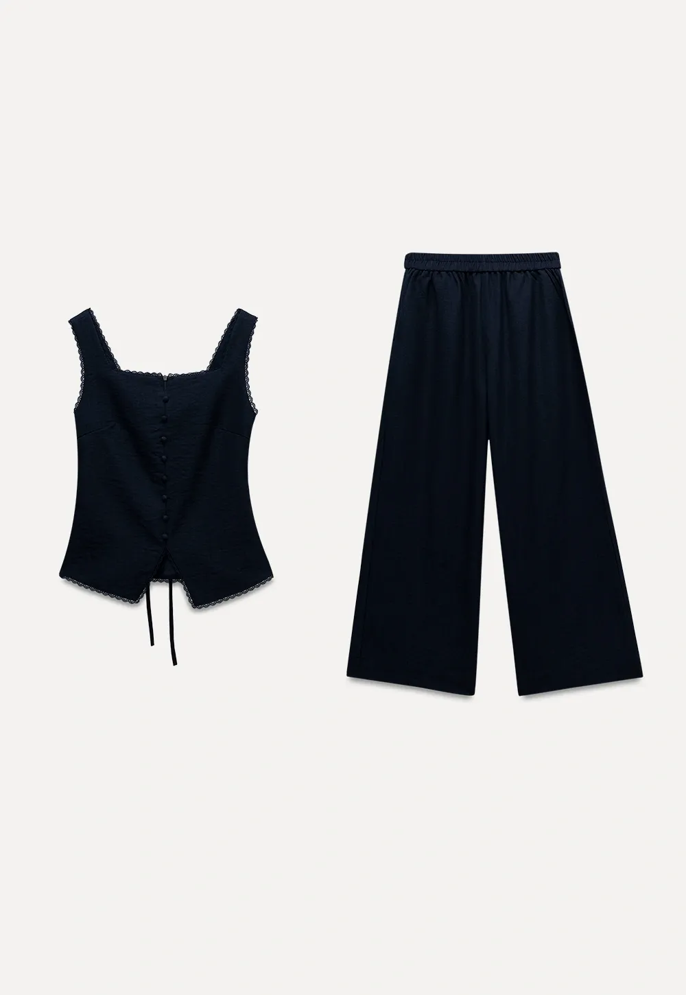 Women’s 2 Piece Set – Sleeveless Lace Trim Top and High Waist Wide Leg Pants