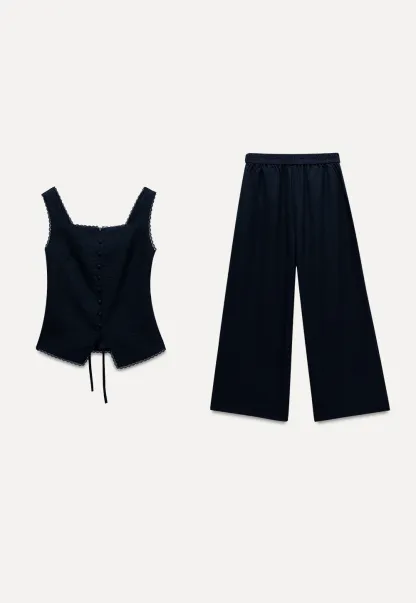 Women’s 2 Piece Set – Sleeveless Lace Trim Top and High Waist Wide Leg Pants