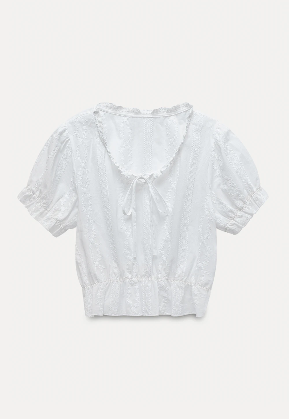 Women’s Tie-Neck Puff-Sleeve Lace Peplum Blouse