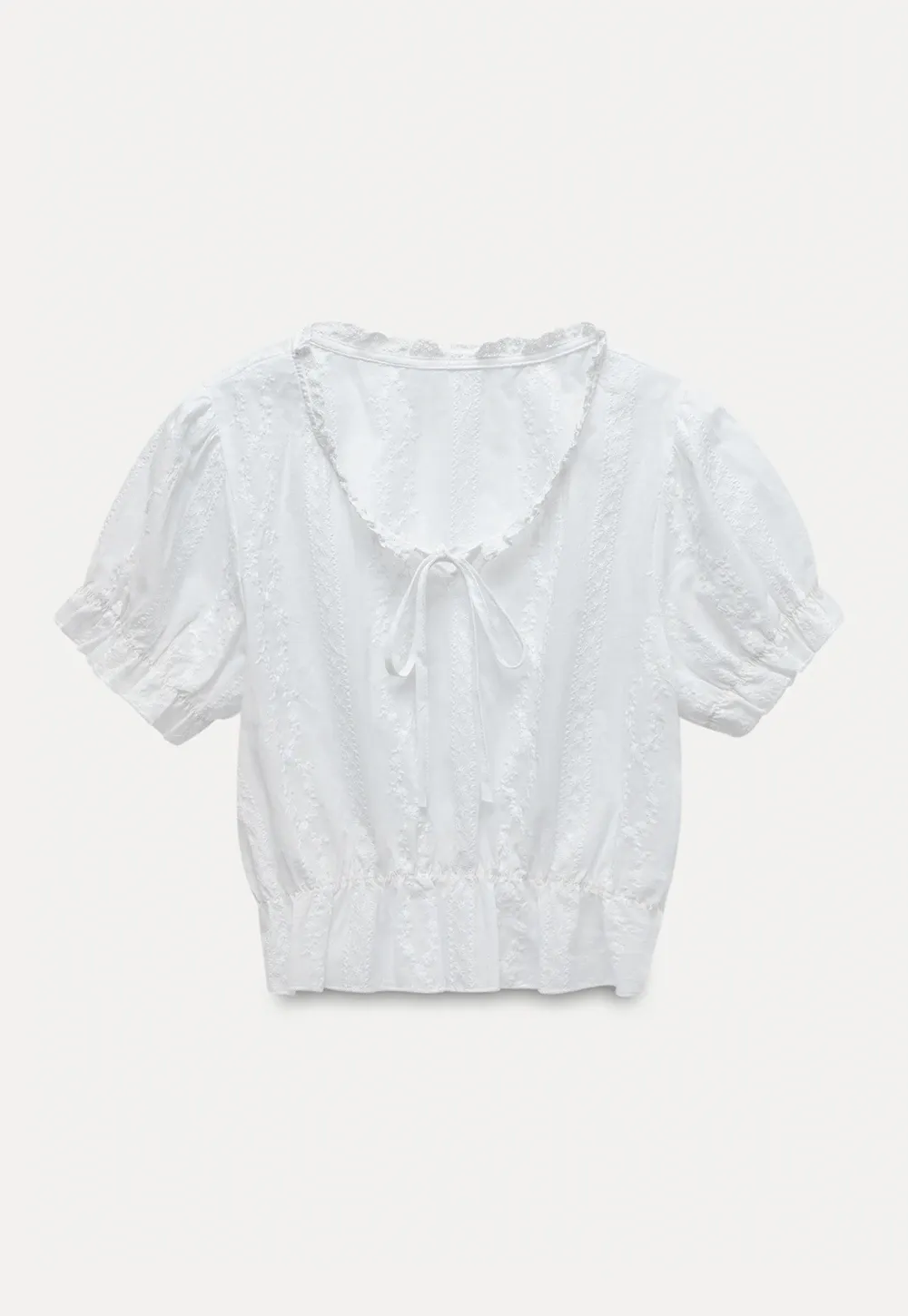 Women’s Tie-Neck Puff-Sleeve Lace Peplum Blouse