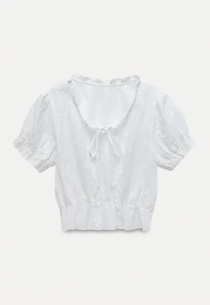 Women’s Tie-Neck Puff-Sleeve Lace Peplum Blouse