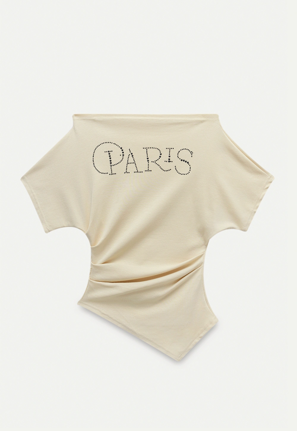 Asymmetric Off-Shoulder T-Shirt with Paris Rhinestone Lettering