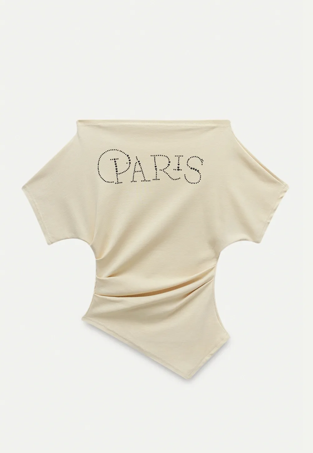 Asymmetric Off-Shoulder T-Shirt with Paris Rhinestone Lettering