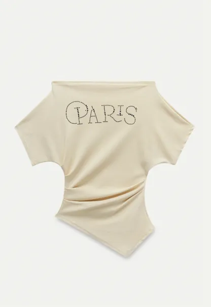 Asymmetric Off-Shoulder T-Shirt with Paris Rhinestone Lettering