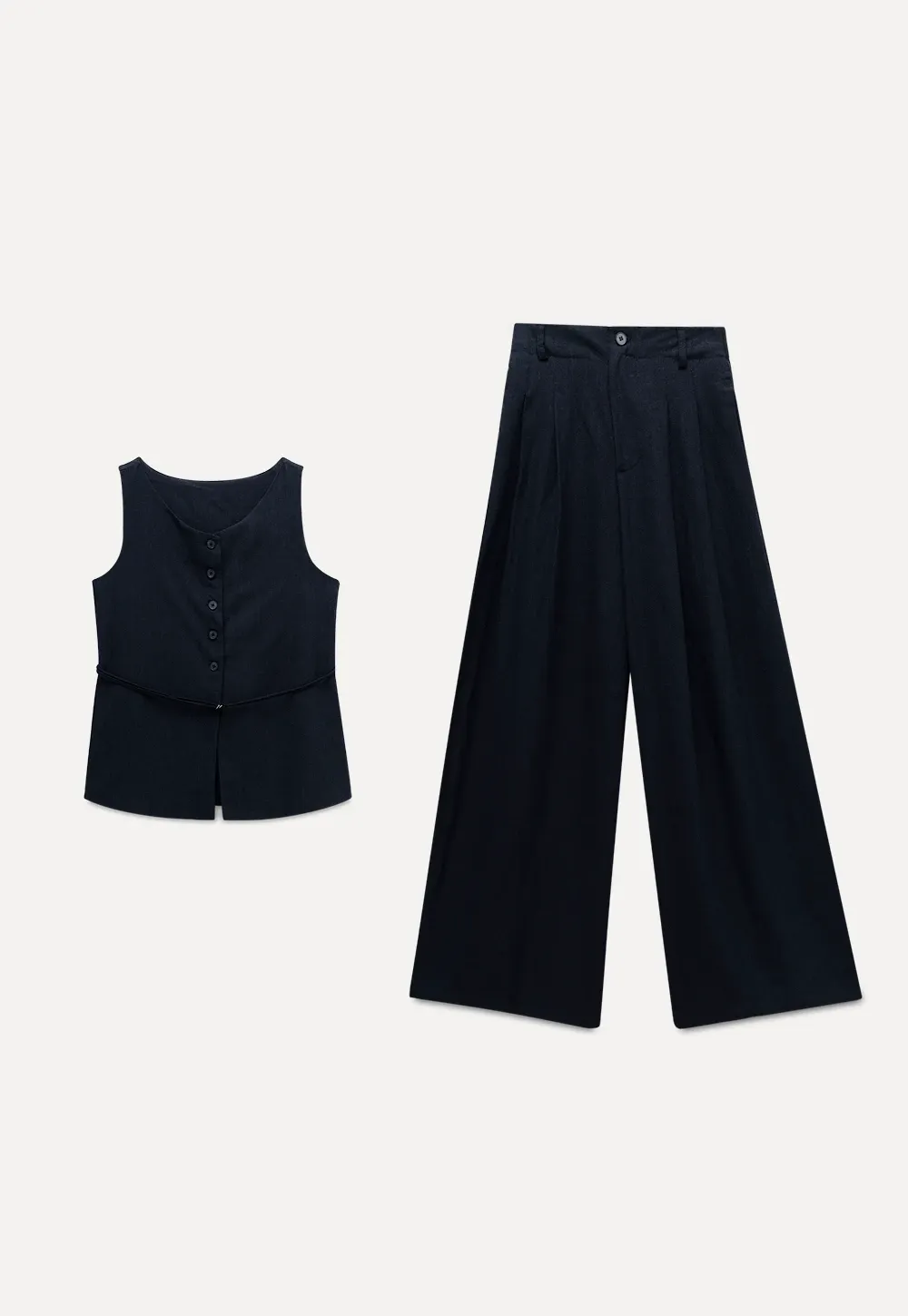 Women’s Button Vest & Wide-Leg Pants Set with Waist Cord
