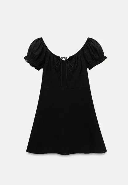 Women’s Puff Sleeve Tie-Front Eyelet Mini Dress