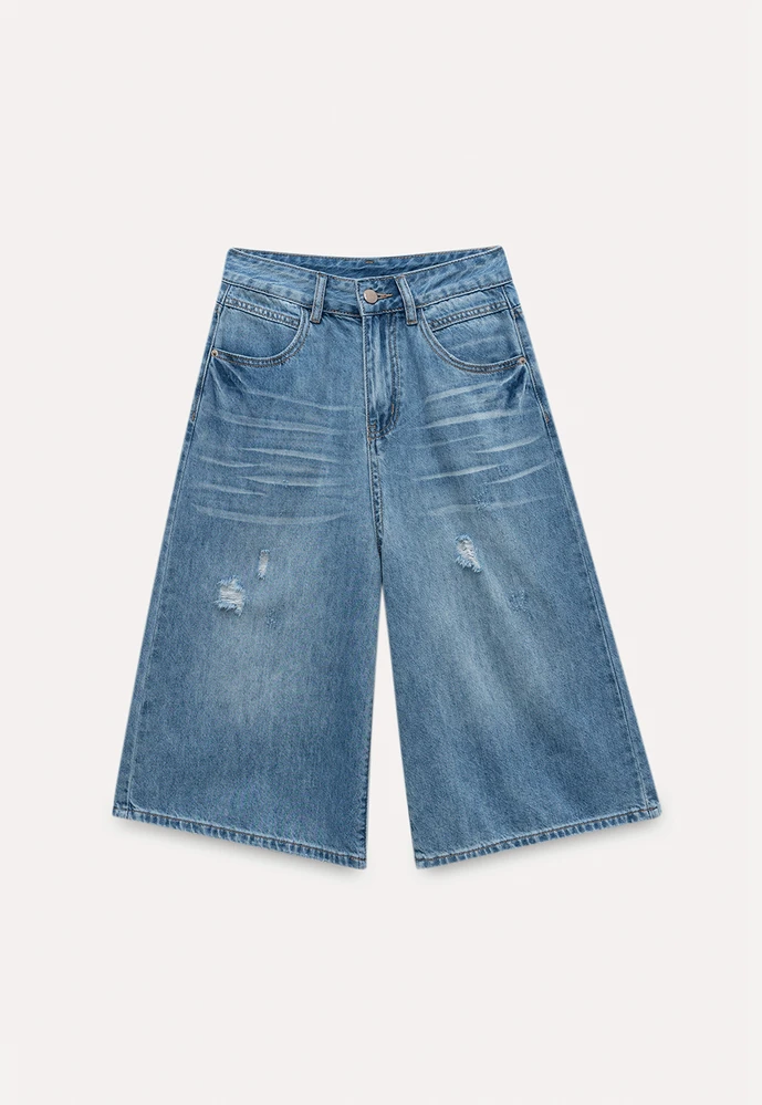 Women’s Distressed Wide-Leg Denim Bermuda Shorts