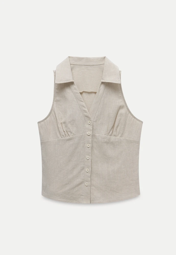 Women’s Linen Collared Button-Front Sleeveless Top