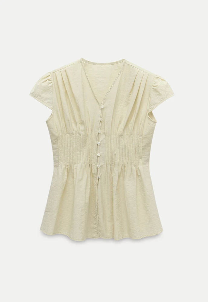 Women’s Pleated V-Neck Button Peplum Blouse
